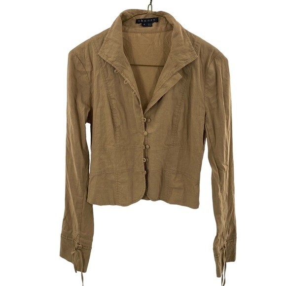 Theory Womens Size 4 Nancy Button Front Linen Blazer Jacket Neutral Tan Coastal - Picture 1 of 7